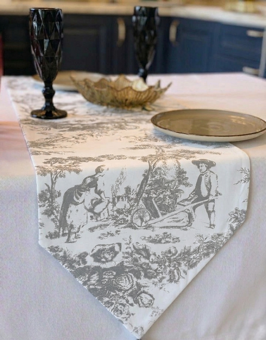 Grey Toile de Jouy Cotton Table Runner | French Print Dining Runner