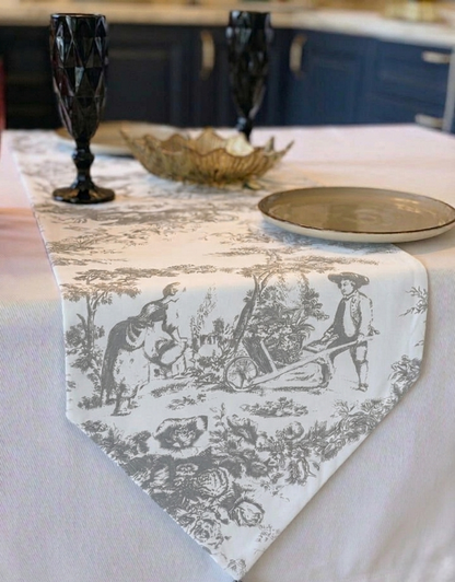 Grey Toile de Jouy Cotton Table Runner | French Print Dining Runner