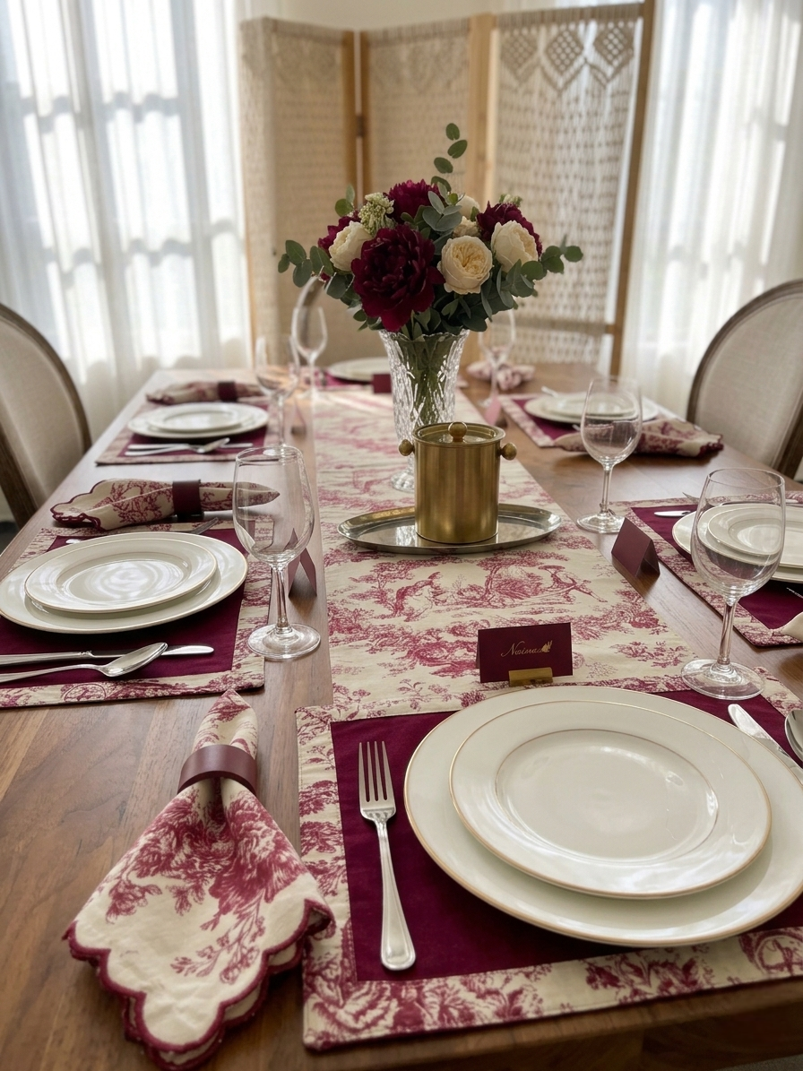 Red Toile Frame Table | Runner, Placemats & Scalloped Napkins Set
