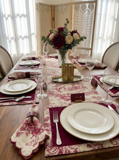 Red Toile Frame Table | Runner, Placemats & Scalloped Napkins Set