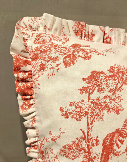 Close-up of brick pink Toile pattern on cushion - Viraasa