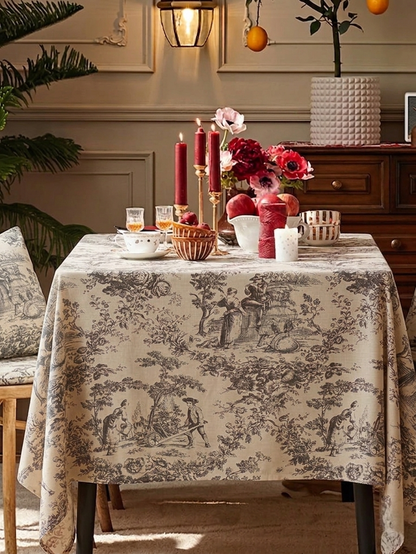 Grey Toile de Jouy Cotton Table Cover | French Print Tablecloth