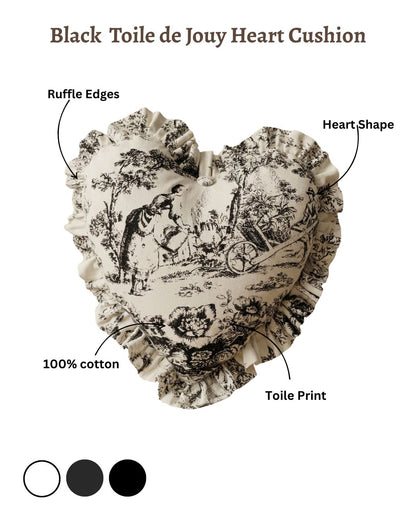 Black Toile de Jouy Heart Filled Cushion | Vintage French Print Decor