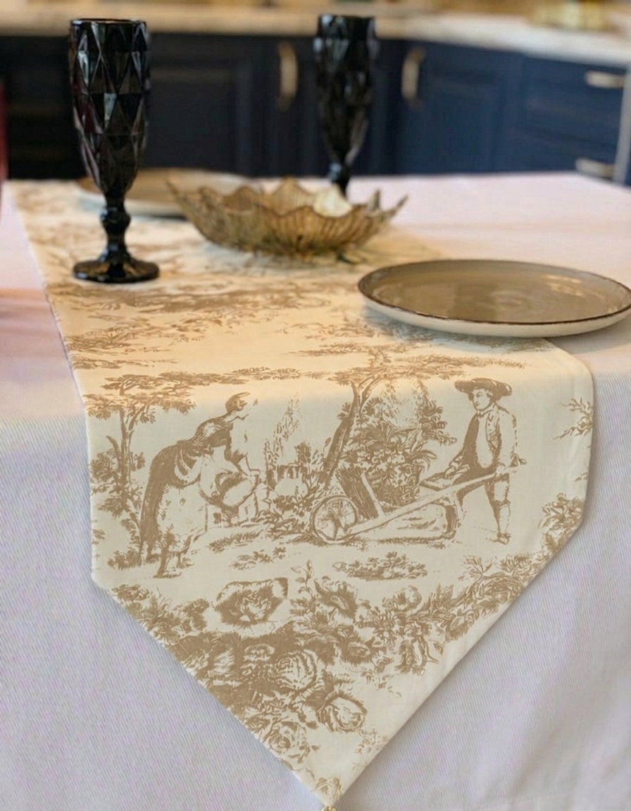 Beige Toile de Jouy Cotton Table Runner | French Print Dining Runner