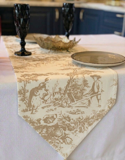 Beige Toile de Jouy Cotton Table Runner | French Print Dining Runner