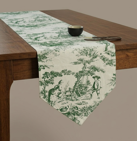 Green Toile de Jouy Sage Cotton Table Runner | French Print Dining Decor