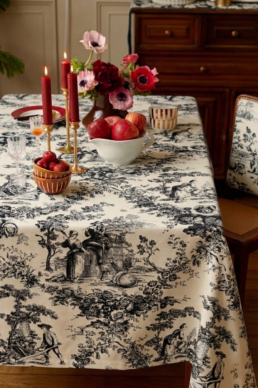 Black Toile de Jouy Cotton Table Cover | French Print Tablecloth