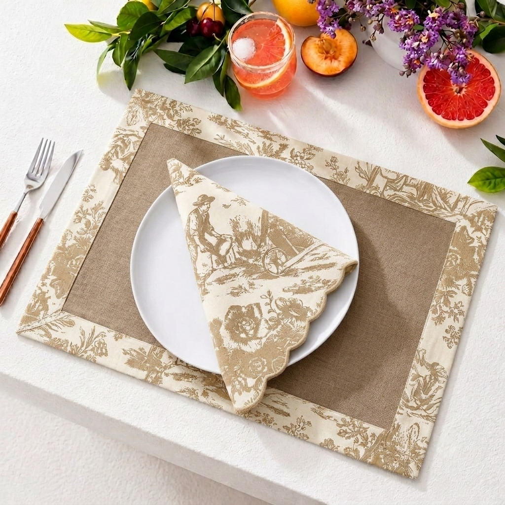 Beige Toile Frame & Napkin Set | Toile Frame Placemats with Scalloped Napkins Set of 6