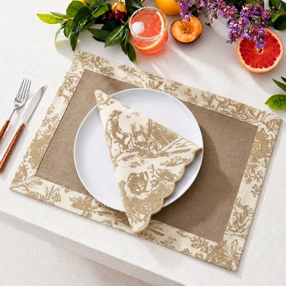 Beige Toile Frame & Napkin Set | Toile Frame Placemats with Scalloped Napkins Set of 6