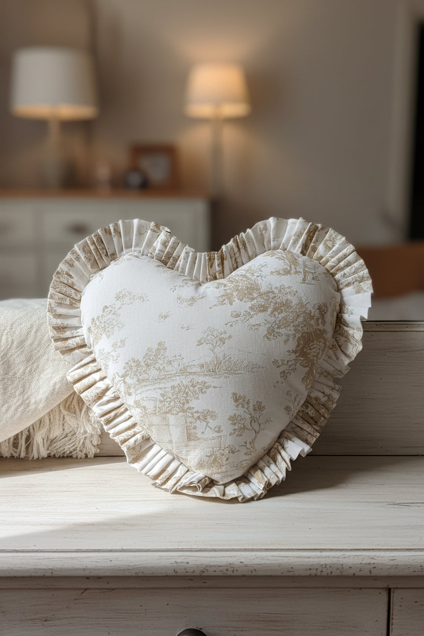 Beige Toile de Jouy Heart Cushion Cover - Viraasa luxury French print decor