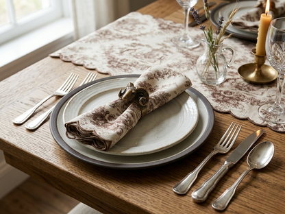 Brown Toile de Jouy Scallop Linen Napkins Set of 6 | Premium French Dining