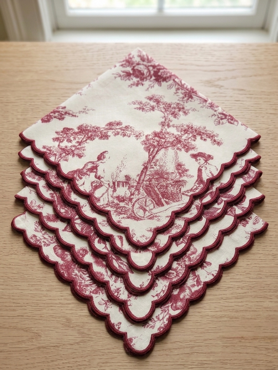 Crimson Red Toile de Jouy Scallop Napkins | Hand-Embroidered Set of 6