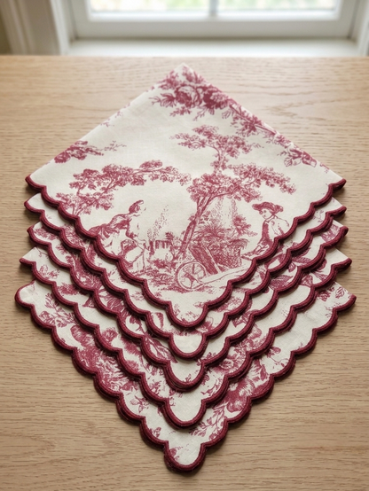 Crimson Red Toile de Jouy Scallop Napkins | Hand-Embroidered Set of 6