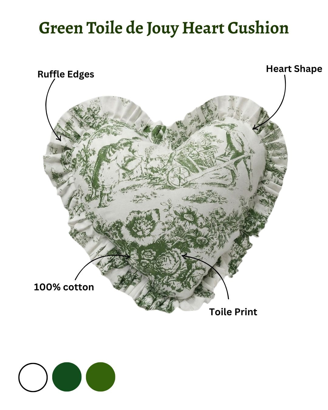 Green Toile de Jouy Heart Filled Cushion | Vintage French Print Decor