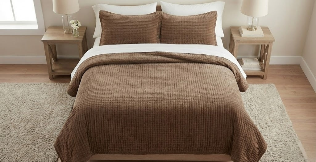 Brown Velvet Quilted Bedcover Set | Premium Cotton Velvet Bedding