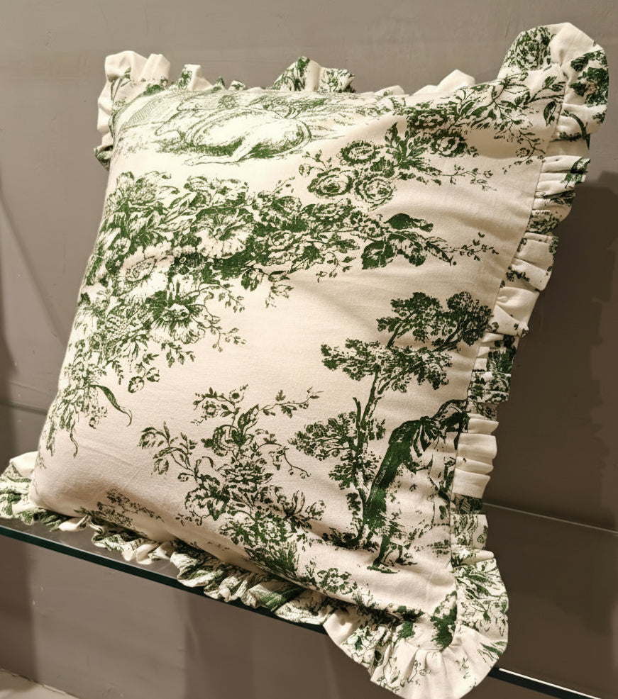 Green Toile cushion styled on sofa - Viraasa luxury French linens