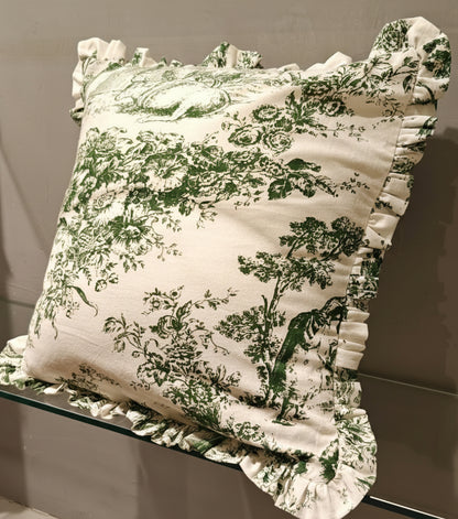 Green Toile cushion styled on sofa - Viraasa luxury French linens