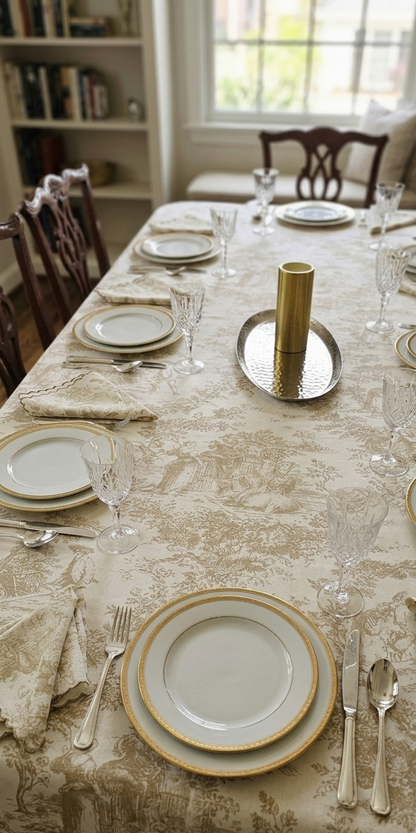 Beige Toile de Jouy Table Cover & Napkins Set | Table Cover with 6 Scallop Napkins