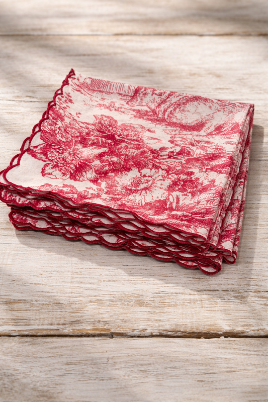 Toile Print with Hand Embroidered Scallop Red Table Napkin set of 6