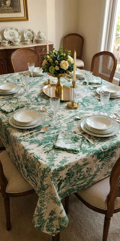 Green Toile de Jouy Table Cover & Napkins Set | Table Cover with 6 Scallop Napkins