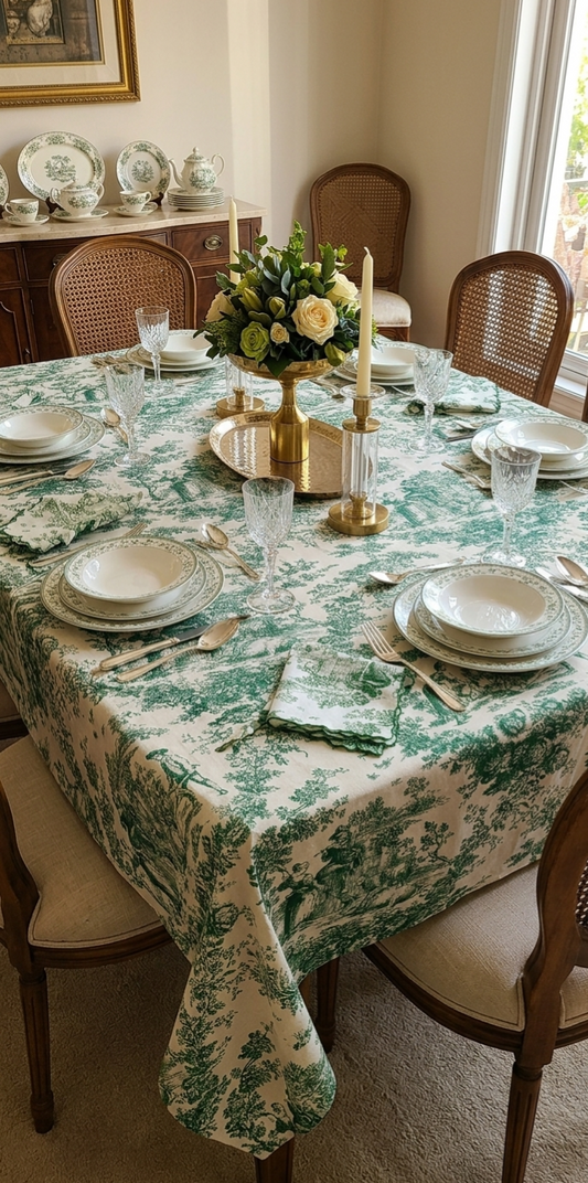 Green Toile de Jouy Table Cover & Napkins Set | Table Cover with 6 Scallop Napkins
