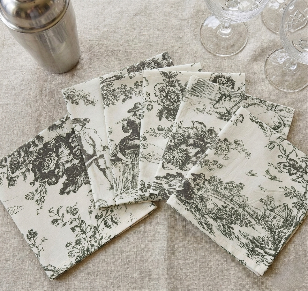 Close-up of Grey Toile cotton napkin fabric - Viraasa luxury