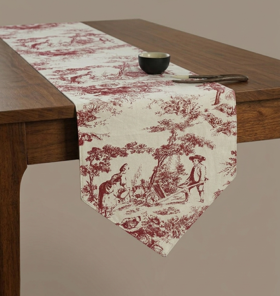 Red Toile de Jouy Crimson Cotton Table Runner | French Print Dining