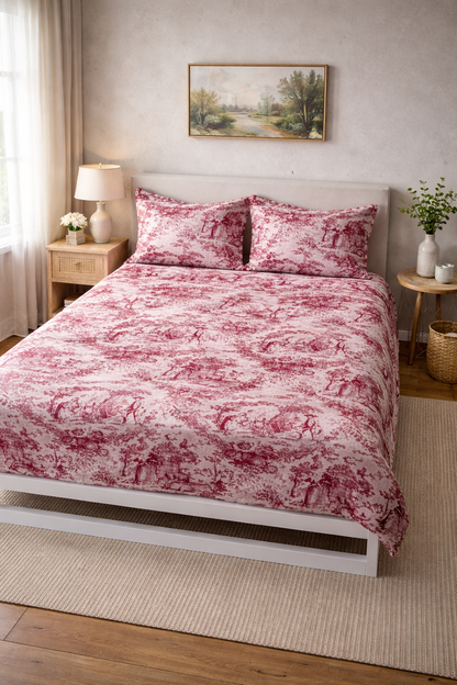Red Toile de Jouy Cotton Bedsheet Set of 3 - Viraasa luxury bedding