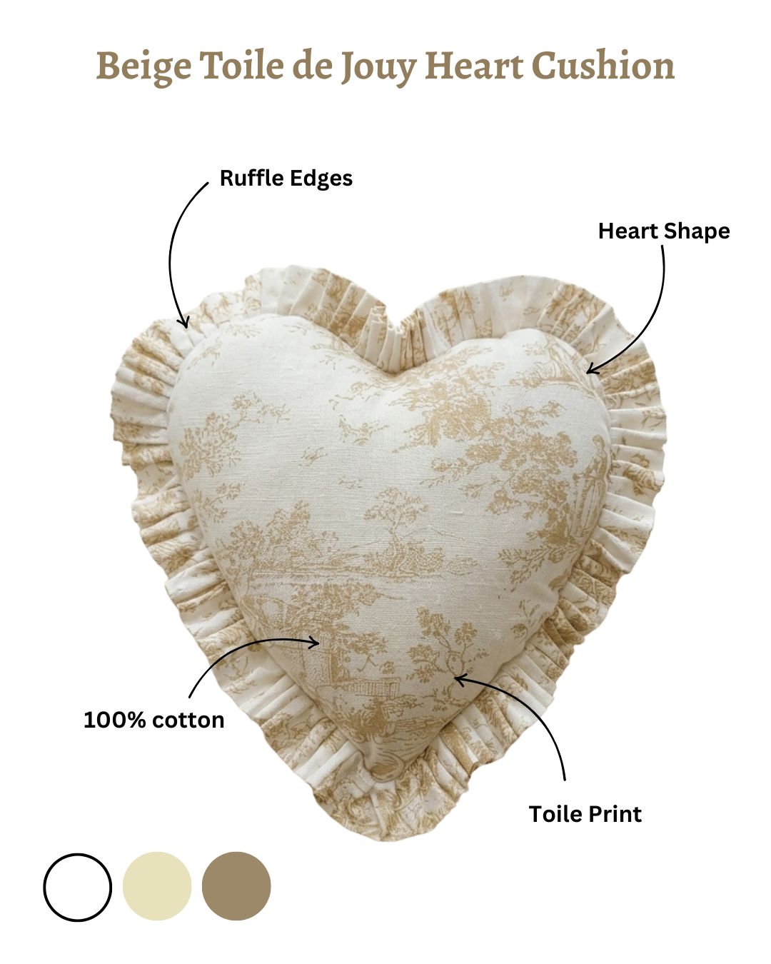Beige Toile de Jouy Heart Filled Cushion | Vintage French Print Decor