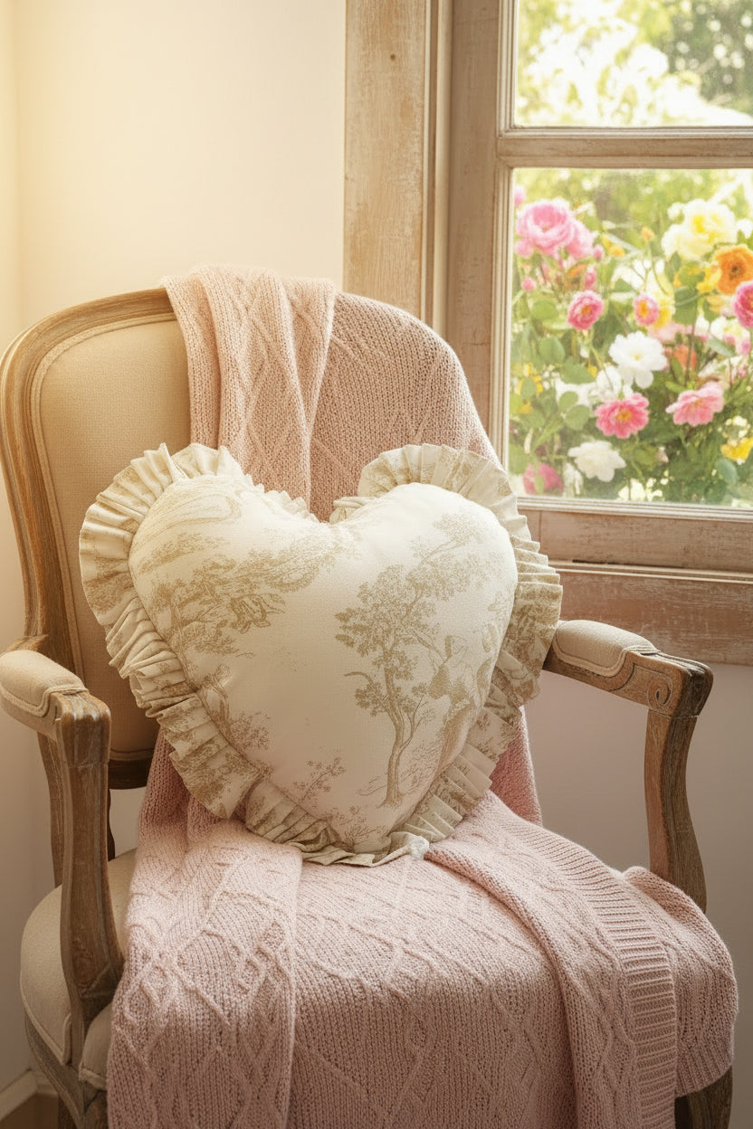Back view of Beige Toile heart cushion - Viraasa luxury gifting