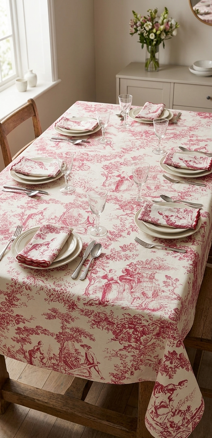 Red Toile de Jouy Table Cover & Napkins Set | Table Cover with 6 Scallop Napkins