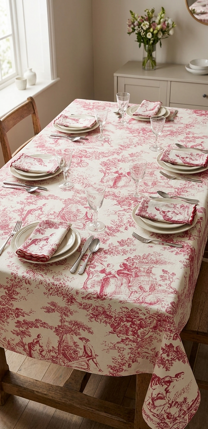 Red Toile de Jouy Table Cover & Napkins Set | Table Cover with 6 Scallop Napkins