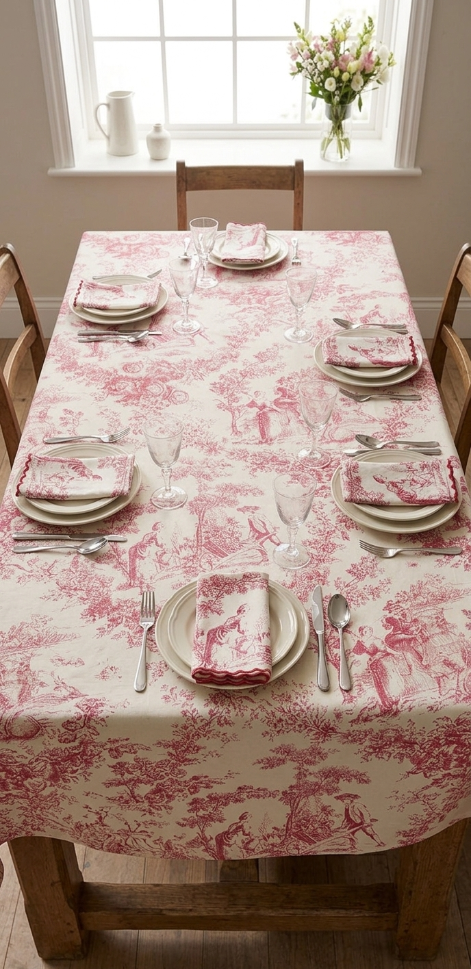 Red Toile de Jouy Table Cover & Napkins Set | Table Cover with 6 Scallop Napkins