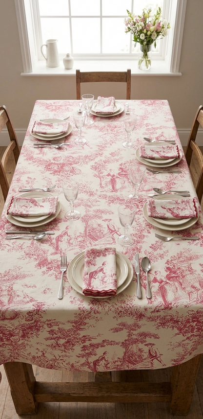 Red Toile de Jouy Table Cover & Napkins Set | Table Cover with 6 Scallop Napkins