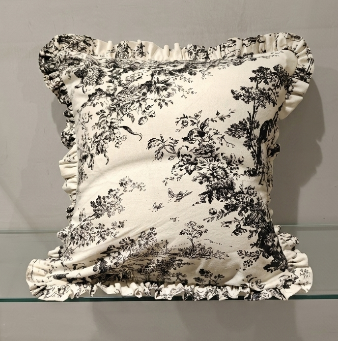 Black Toile de Jouy print detail on cushion - Viraasa