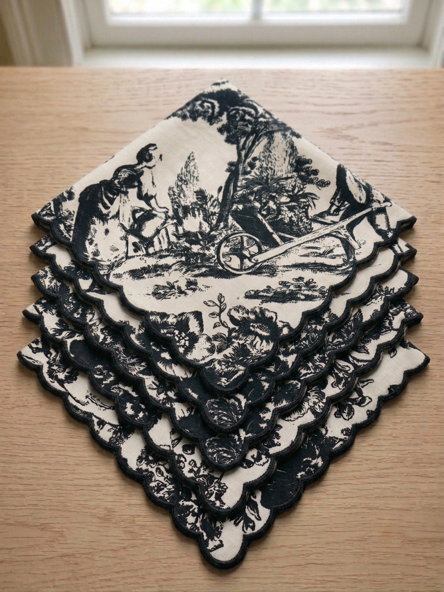 Noir Black Toile de Jouy Hand-Embroidered Napkins | Set of 6