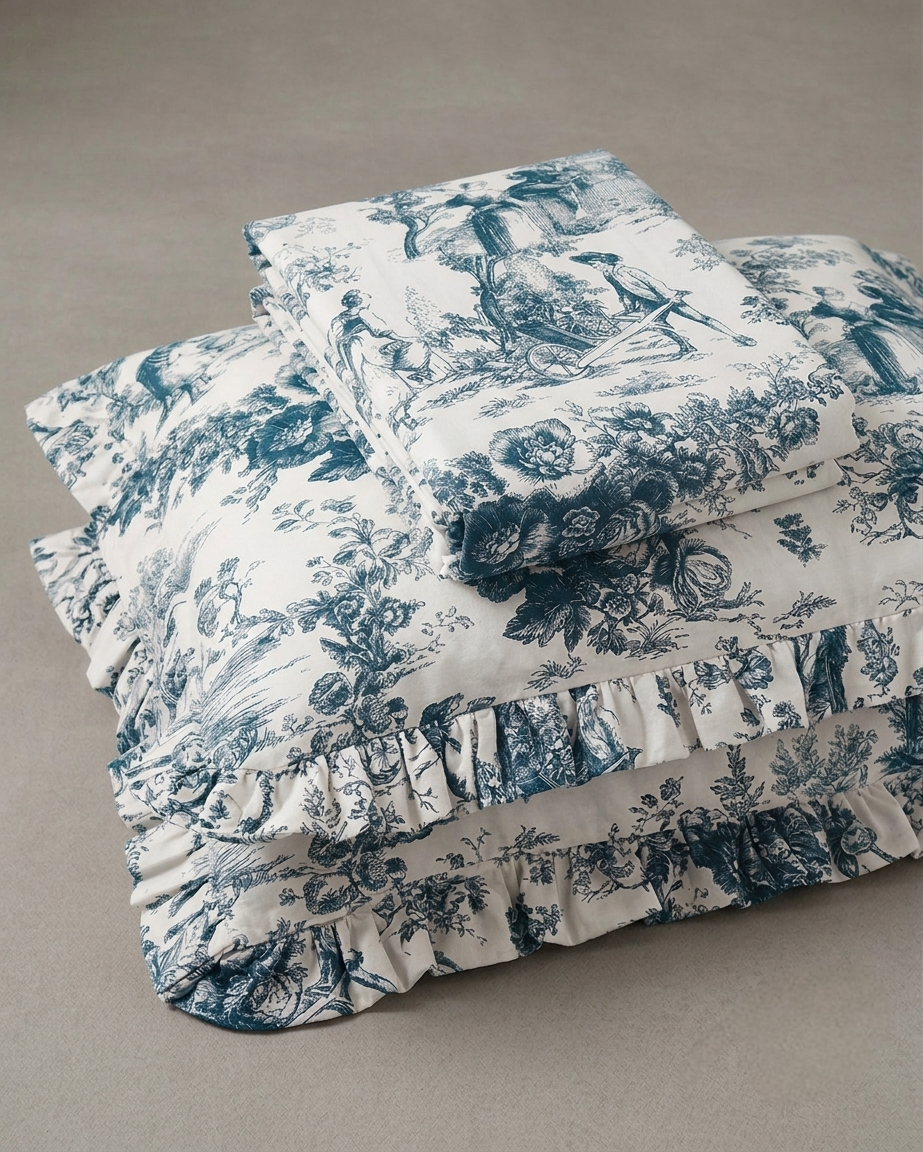 Blue Toile de Jouy Cotton Bedsheet Set of 3 | Luxury French Print Bedding