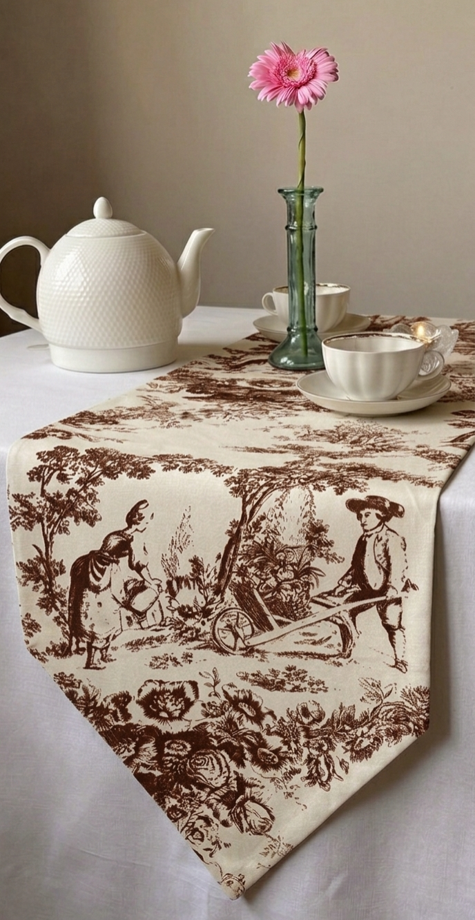 Brown Toile de Jouy Cocoa Cotton Table Runner | French Print Dining