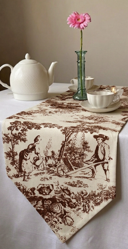 Brown Toile de Jouy Cocoa Cotton Table Runner | French Print Dining