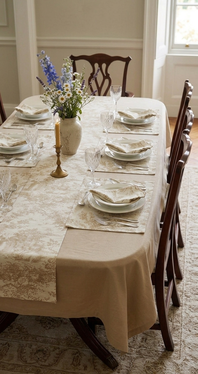Beige Toile de Jouy Complete Table Setting | Solid Cover, Runner, Placemats & Napkins Set