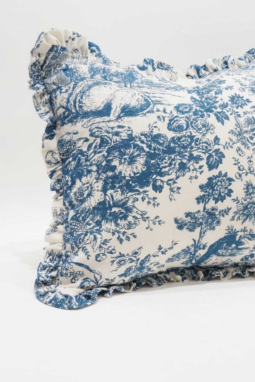 Close-up of blue Toile pattern on cotton cushion - Viraasa
