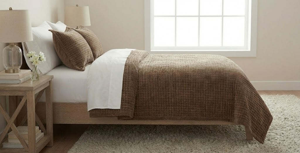 Brown Velvet Quilted Bedcover Set | Premium Cotton Velvet Bedding
