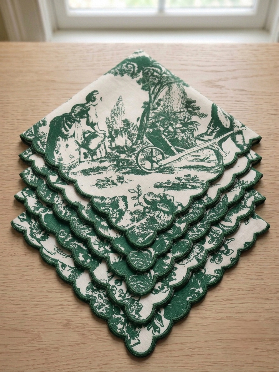 Forest Green Toile de Jouy Embroidered Napkins | Set of 6