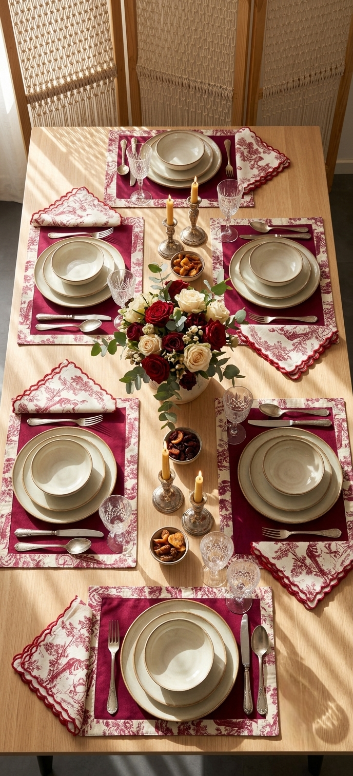 Red Toile Frame & Napkin Set | Toile Frame Placemats with Scalloped Napkins Set of 6
