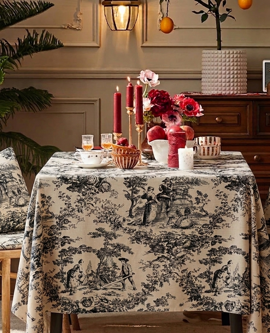 Black Toile de Jouy Cotton Table Cover | French Print Tablecloth