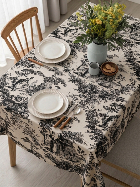 Black Toile de Jouy Cotton Table Cover | French Print Tablecloth