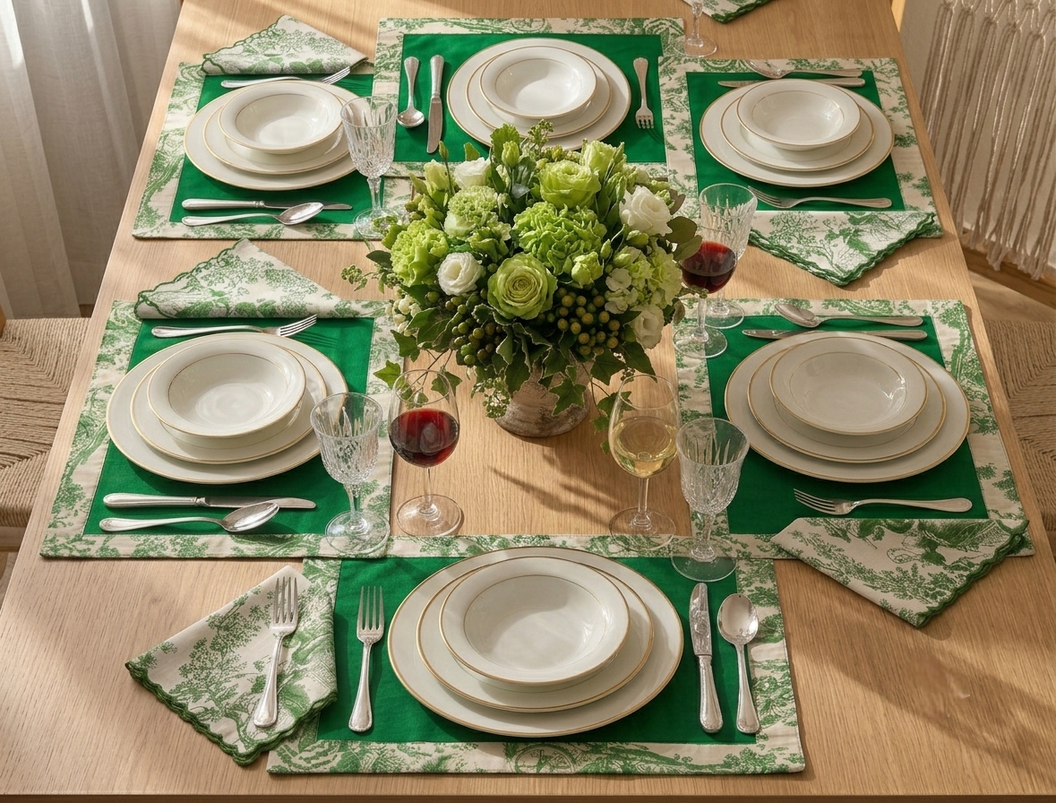 Green Toile Frame & Napkin Set | Toile Frame Placemats with Scalloped Napkins Set of 6