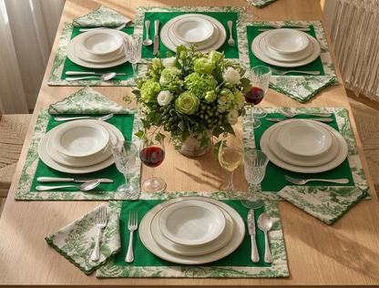 Green Toile Frame & Napkin Set | Toile Frame Placemats with Scalloped Napkins Set of 6