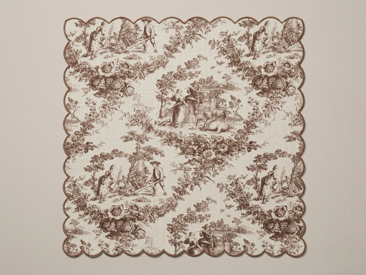 Brown Toile de Jouy Scallop Linen Napkins Set of 6 | Premium French Dining