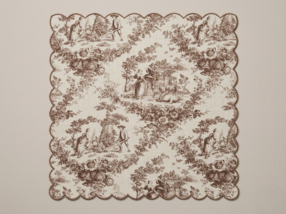 Brown Toile de Jouy Scallop Linen Napkins Set of 6 | Premium French Dining